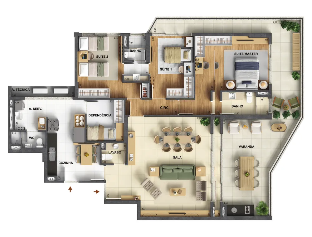 Planta do apartamento de 3 suítes com 171,37 m² do ORO Ilha Pura by Ornare, edifícios Anklet e Aros