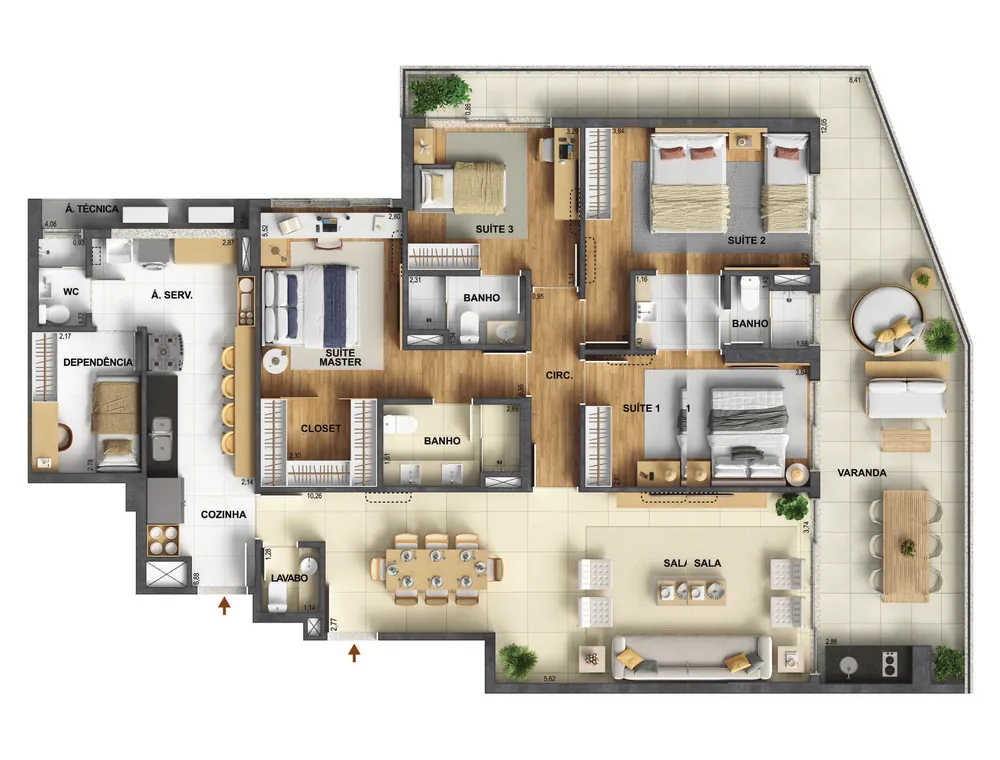 Planta do apartamento de 4 suítes com 178,49 m² do ORO Ilha Pura by Ornare, edifícios Tiara e Collar