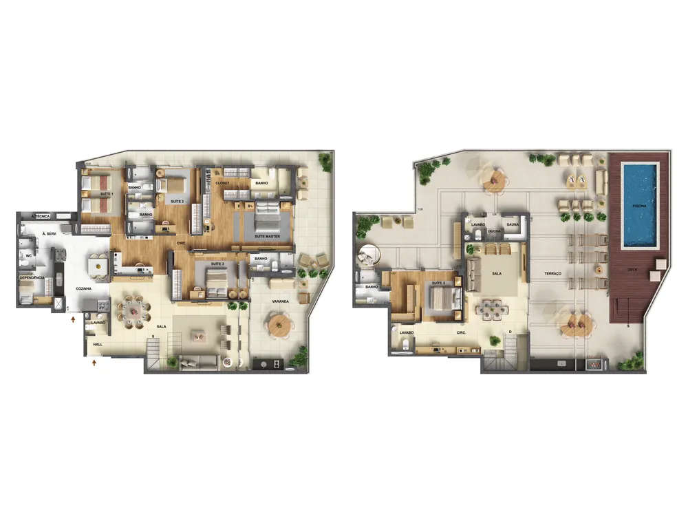 Plantas dos pavimentos inferior e superior da cobertura duplex de 461,28 m² do ORO Ilha Pura by Ornare, edifícios Anillo e Alianza